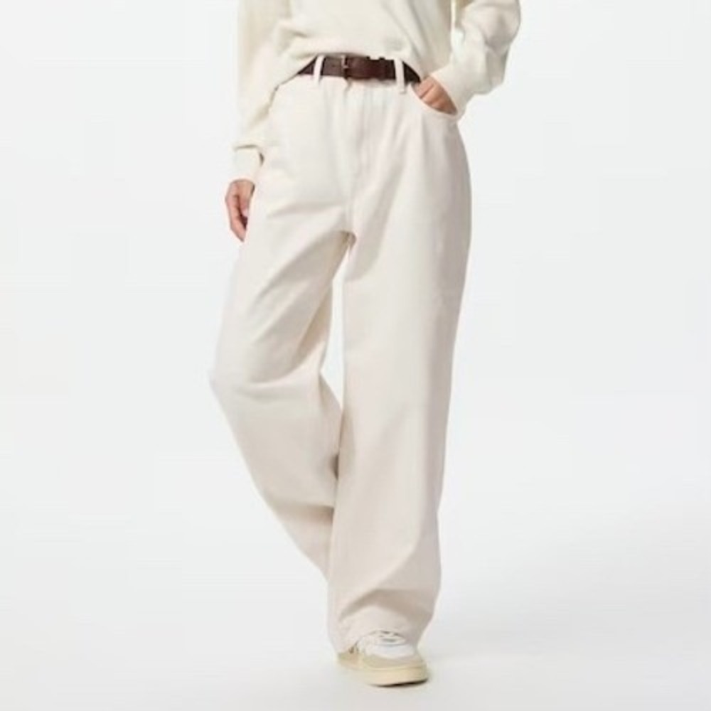 Uniqlo Wide‎ Straight Pants Beige Denim 27 High Rise Minimalist Capsule Neutral